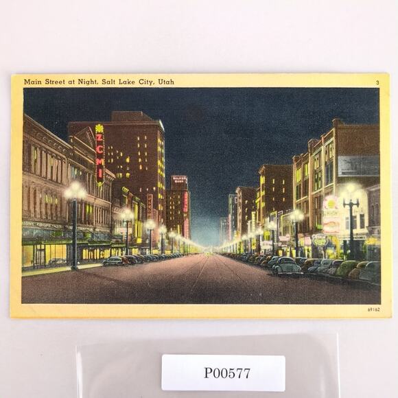 Main Street at Night Salt Lake City Utah 1930s Linen Postcard 1941 UT PC - Picture 1 of 2